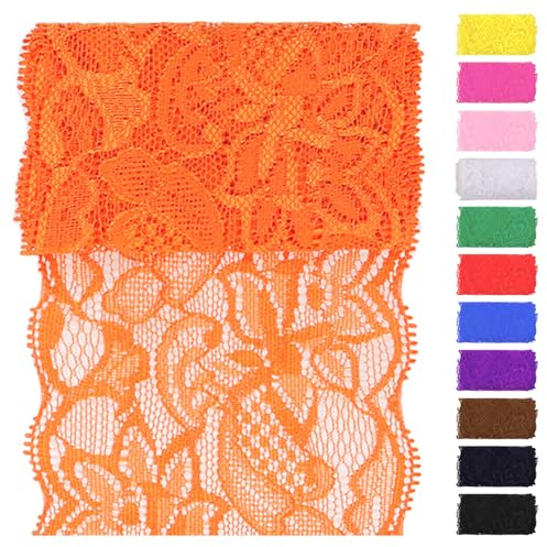 Swpeet Tessuto di pizzo elasticizzato arancione da 4,57 m per 8 cm di larghezza, nastro di pizzo decorativo, nastro elastico da cucito decorativo per indumenti, fasce per capelli, creazione di bouquet