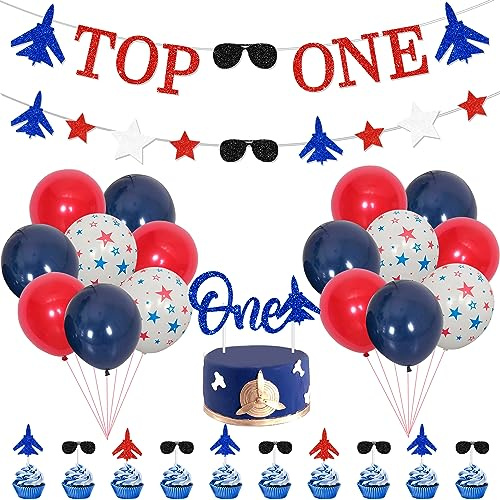 Fighter Jet First Birthday Decorations Airplane Theme Top One Glitter 1st Birthday Banner Garland Red Blue Cake Cupcake Toppers Star Balloons for Airplane 1st Bday Supplies