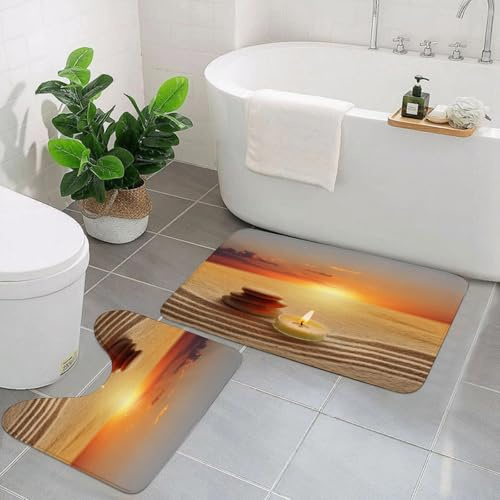 EMCLKS Badezimmermatten 2 Stück rutschfeste Badematte Teppiche, Badezimmer-Garnitur,U-förmiger Teppich,Boho, Stapel Steine und Kerze Chakra Zen Yoga Horizont Hintergrundbild,Waschbar Matte