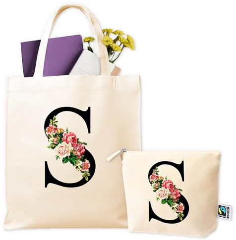 Tote Bag - Borsa Personalizzata - Borsa Tela con Iniziale + Beauty Coordinato, Lettere Personalizzate - Regalo Donna compleanno, Amica, Maestra, Compleanno, Anniversari, Regalo Donna Originale Utile
