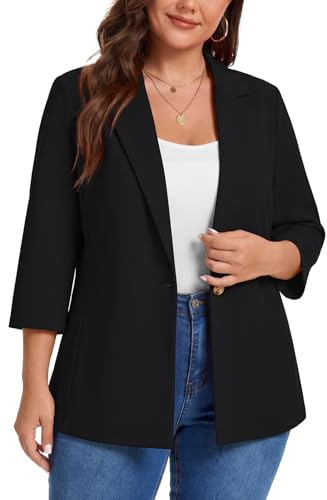 MINTLIMIT Black Lightweight Blazers 3/4 Sleeve Womens Plus Size Jackets UK (Black 3XL)