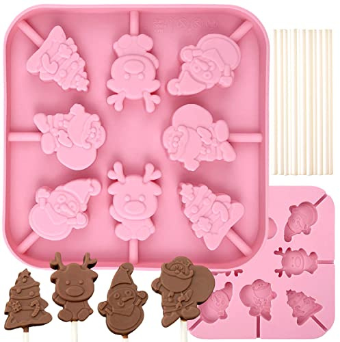 Silicone Chocolate Lolly Mould - 8 Cavity Christmas Tree,Reindeer,Snowman and Santa Claus Shapes Lollipop Molds for DIY Chocolate,Candy,Jelly with 20PCS Sticks(1 Piece)