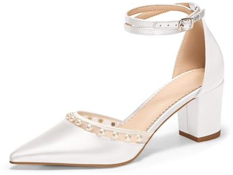 Coutgo Womens Pearl Chunky Heels Wedding Shoes for Bride Closed Pointed Toe Ankle Strap Satin Pumps, White, Size 8