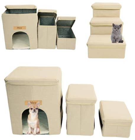 Petsen Haustiertreppe mit 3 Staufächern und Höhle – Faltbare Hundetreppe für kleine Hunde und Katzen mit Kissen, Namensgravur und rutschfestem Boden (Beige, 44 x 75 cm, 3)