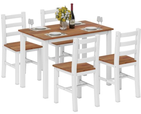 HOMCOM Essgruppe Platzsparend mit 4 Stühlen für Esszimmer Braun+Weiß | Esstisch, Esszimmergruppe, Sitzgruppe, aus Kiefernholz, Rechteckig, Küchentisch, Küche