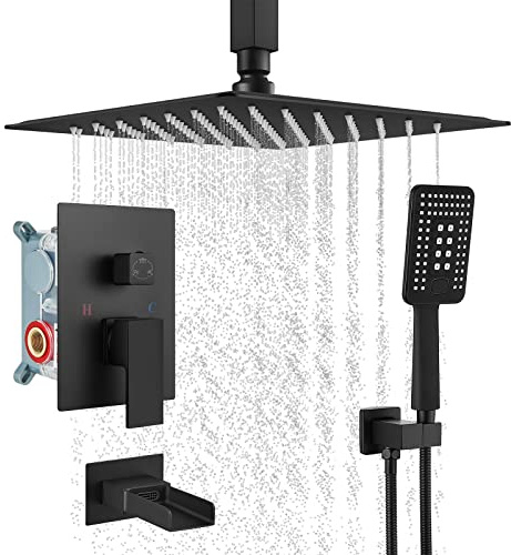 Système de Douche de Salle de Bain Noir Mat, pommeau de Douche à Effet Pluie de 10 Pouces avec ABS, 3 Fonctions, Jet à Main, Cascade, Bec de Baignoire, Ensemble combiné de Salle de