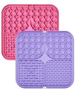 BleshiFashi 2 Pack Anti-Slip Licking Mat, Pet Food Mat Waterproof Puppy Feeding Mat, Slow Feeder Dog/Cat Bowl, Cat Licking Mat to Relieve Anxiety with Raised Edges (Pink+Purple)（6×6）