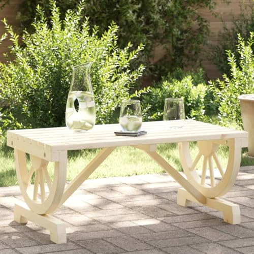 HaoChrymec Table de Jardin, Table Basse Extérieur en Bois de Sapin Massif, Design Roue de Chariot, Résistante aux Intempéries, Tables de Jardin, Table de Balcon, pour Terrasse, Jardin, 90x50x40 cm