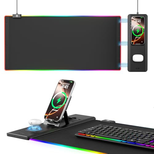 KDD LED Alfombrilla Ratón Gaming con 15W Carga Inalámbrica, Tapete Escritorio con Soporte Móvil Plegable, Mouse Pad XXL Antideslizante para Juegos Accesorios Gaming PC Auriculares Reloj (70x33cm)