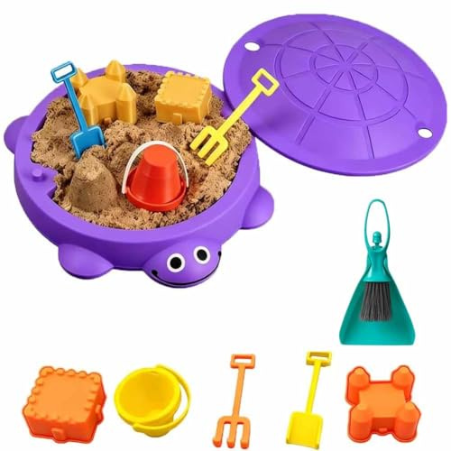 Mini Turtle Sandbox Desk Toy, Desktop Sandbox with Lid Soft Moldable Space Sand Sand Garden for Desk Kit with Small Tools Beach Playset Gifts Decor Accessories for Home Stress Relief (Purple)