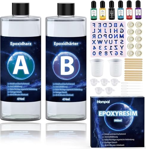 Epoxiharts set 1:1 epoxigjutharts för nybörjare, glasklar epoxiharts med tillbehör, färger, former för trä, konstskapande, restaurering (948 ml)