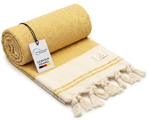 SIEGENTHAL® Hamamtuch – Leichtes Strandtuch & Saunatuch aus recycelter Baumwolle – Schnell Trocknend, Groß & Weich – 90cm x 200cm – Ideal für Strand, Sauna, Yoga, Picknick – Gelb