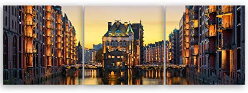 ge Bildet Bild auf Leinwand | Wasserschloss in der Speicherstadt - Hamburg D in 150x50 cm mehrteilig als Panorama Wandbild XXL | Wand-deko Dekoration Wohnung modern Bilder | 2210