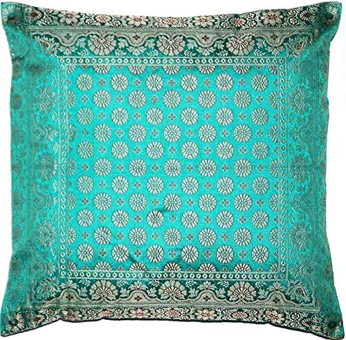 Ruwado Turkis-Grün Seide Kissenbezug | Zierkissenbezug | Sofakissenbezug | Dekokissen | Zierkissen - 40 cm x 40 cm ***Handgewebt und Handgefertigt von Kunsthandwerkern aus Kaschmir-Indien***