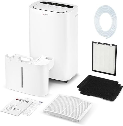 Welltec DHN30 Luftentfeuchter | max. 30 l/24h | für Räume von 60 m² | Luftreiniger mit HEPA H13-Filter | Kondensatablasspumpe | WLAN | großer Tank (6 Liter) | Swing-Modus | Luftstrom max. 350 m³ / h