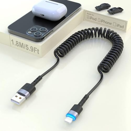 Aufgerolltes Lightning-Kabel [MFi-Zertifiziert & CarPlay-kompatibel], USB-auf-Lightning-Kabel 6FT Kabel Datenübertragung kompatibel mit Xs/XS Max/XR/X/12/11/11 Plus/8/7 Plus/Pad Pro Air 2 und mehr