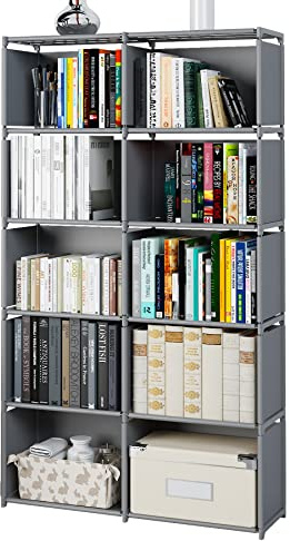 MOYIPIN Scaffale per Libri a 10 cubi, Scaffale portaoggetti Pieghevole per Soggiorno, Camera da Letto, cameretta dei Bambini, Libri, Vestiti, Scarpe e Oggetti quotidiani (Grigio)