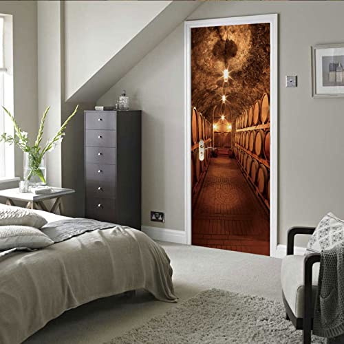 stickers paroi de douche 85x215cm(33.46 inches * 84.64 inches)Fûts à vin cave à vin 3D Stickers Porte Interieure Trompe l'oeil Poster Mural Effet Décoration Salon Cuisine Chambre Salle De Bain Papier
