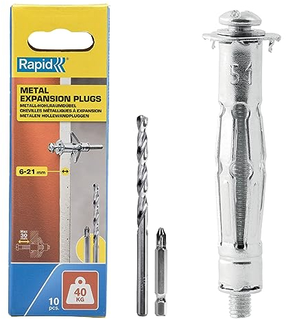 Rapid Hohlraumdübel Metall mit M5 Schraube für Gipskartonplatten 6-21 mm - Tragkraft 40 kg - Inklusive 11 mm Bohrer und PH2-Bit - Set mit 10 Dübeln für einlagige Wände