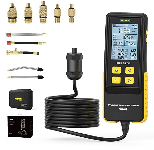 AUTOOL Compression Tester, PT610 Petrol Engine Cylinder Compression Pressure Gauge, 0-426PSI 0~29bar, with Adapters & Hoses, 6 Data Saving for Cars, Trucks and Motorcycles