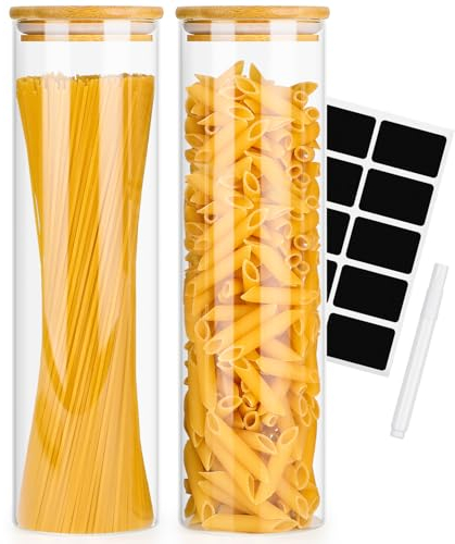 Avmvnvc 2PCS Tarros de Cristal con Tapa - Botes de Cristal con Tapa de Bambú - Frascos de Vidrio con Tapa - Botes Cristal Cocina Almacenaje para Espaguetis, Pasta, Cereales, Alubias, Té (1400ml×2)