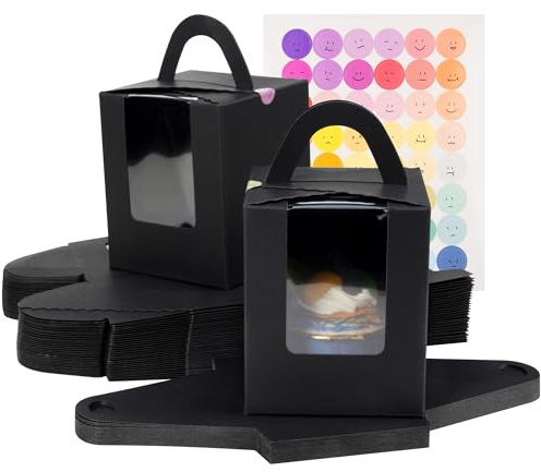 KEYIDO 30 Pcs Individual Cupcake Boxes Black Single Cupcake Boxes 1 Hole Cake Box with Clear Window Inserts and 2 Sheets of Stickers for Wedding Birthday Party Favors