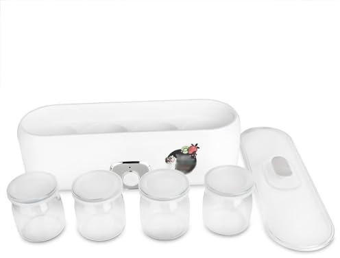 Máquina De Yogur Totalmente Automática para El Hogar, Vaso De Vidrio, Yogur Casero, con 4 Frascos De Vidrio Individuales (180 Ml/Tarro) Y Cubierta Transparente, Operación con Un Solo Botón
