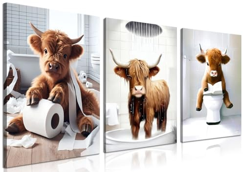 Funny Highland Cow Wall Art Set of 3, Rustic Farmhouse Bathroom Cow Pictures Wall Decor Painting, Brown Cute Cow Animal Canvas Posters Prints for Bathroom Restroom Home Decor Framed 12x16 Inch