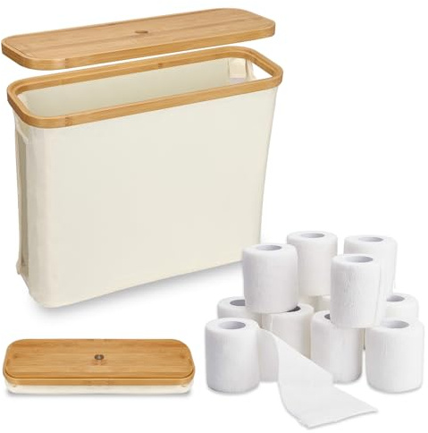 Elegante cesta de almacenamiento de papel higiénico con tapa de madera, capacidad para 9 – 12 rollos, portarrollos vertical, caja de almacenamiento de papel higiénico, organizador de almacenamiento de
