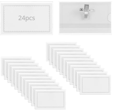 QWORK® 24 Stück Transparente Namensschilder aus Kunststoff mit Clip, Wasserdicht, Ideal für Konferenzen, Büro, Messen
