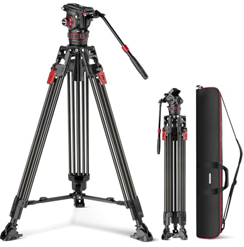 Neewer LL37 Trépied en Fibre de Carbone pour caméra vidéo 198,1 cm avec tête Fluide réglable amortissante, libération Rapide en Une étape avec Plaque QR et poignée, trépied Robuste pour appareils