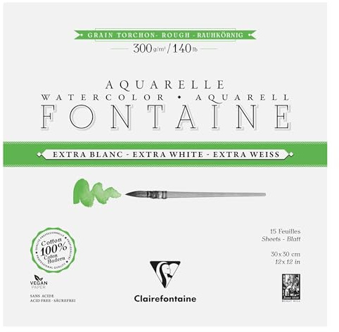 Clairefontaine 976086C Bloc Encollé 4 Côtés Fontaine Extra Blanc Grain Torchon 30x30cm 300g - 15 Feuilles Papier Aquarelle Extra Blanc 100% Coton - Qualité Professionnelle