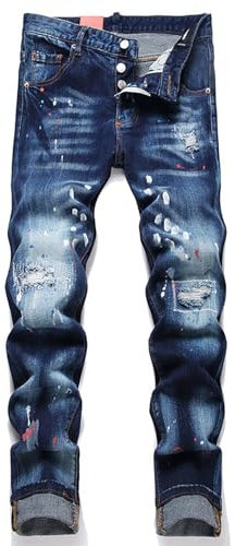 Distressed Paint-Splattered Slim Fit-Jeans För Män, Lappade Elastiska Blå Skinny-Jeans, Ripped Beggar-Byxor,36