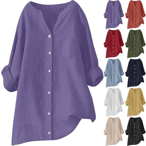 Maglietta estiva da donna, in lino, a maniche lunghe, in lino, con scollo a V, con bottoni, elegante, tinta unita, comoda maglietta a tunica, Lilla, xxl