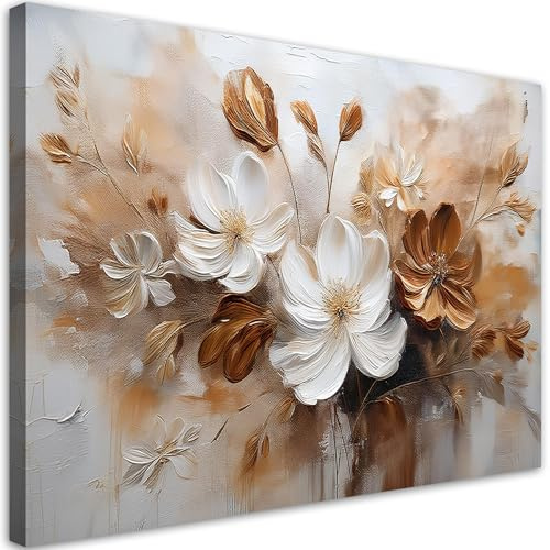 Feeby Quadro su Tela Non Tessuta - Stampa Su Tela - Bianco Fiori selvatici dipinti marroni - 90x60 cm - Decorazione Murale - Moderno Soggiorno - quadri moderni soggiorno - poster