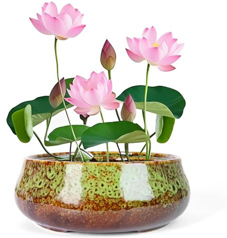 Lotus Bowl Planter - 8 Inch Large Lotus Flower Bowl for Water Plants, Ceramic Hydroponic Planter Water Lily Bowl for Planting Aquatic and Indoor Succulent Plants and Bonsai