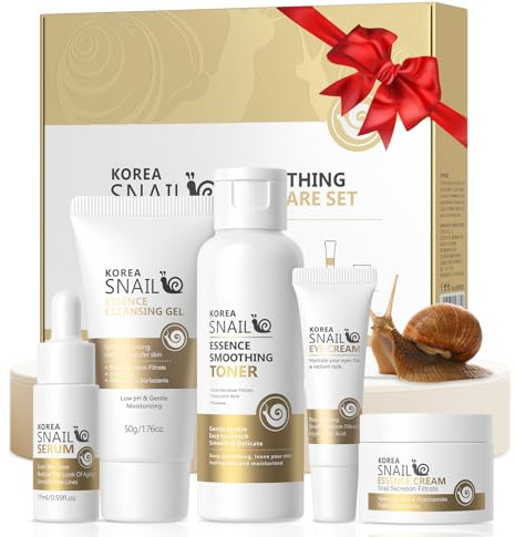 Korea Snail Revitaliserande hudvårdsset med snigelextrakt | 5-delad fuktgivande rengöringsgeler, serum, ögonkräm & kräm för slätt, ungdomshud