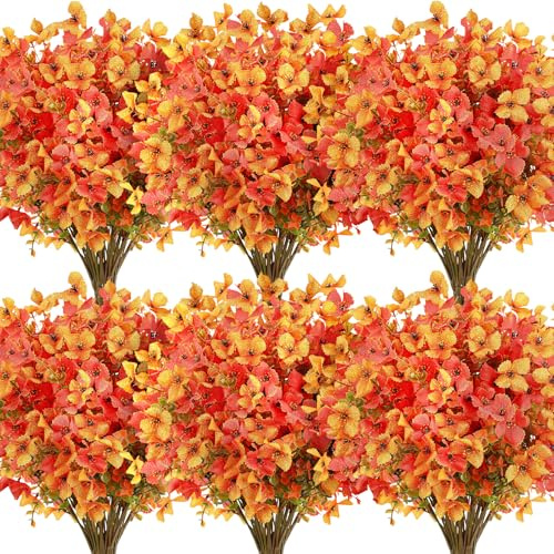 SHareconn 20 PCS Autumn Artificial Flowers - UV Resistant Faux Flowers for Outdoor Indoor Hanging Baskets Garden Yard Porch Home Decor, Realistic Orange Yellow Floral with Eucalyptus Leaves