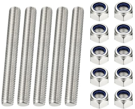 PATIKIL 5 Pcs Fully Threaded Rod, M6 x 100mm 304 Stainless Steel Right Hand Long Thread Bar Studs with Nuts for Pipes Clamps Hangers U-Bolts