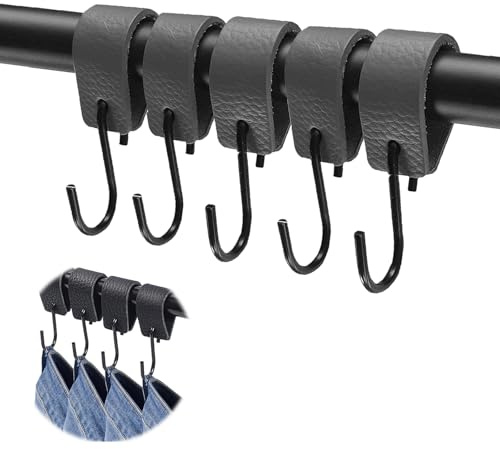 LUMOOM Lot de crochets en S avec boucle en cuir, crochets à vêtements noirs, crochets de cuisine, crochets de poussette, crochets en métal pour armoire, penderie, cuisine, salle de bain