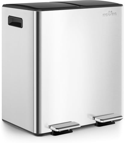 mVm Poubelle Cuisine Tri Sélectif 40L,2 x 20 L,2 Compartiments,Acier Inoxydable,Poubelle à Pédale avec Seau Intérieur,Couvercles, Poignées, Fermeture en Douceur,Hermétique Argent