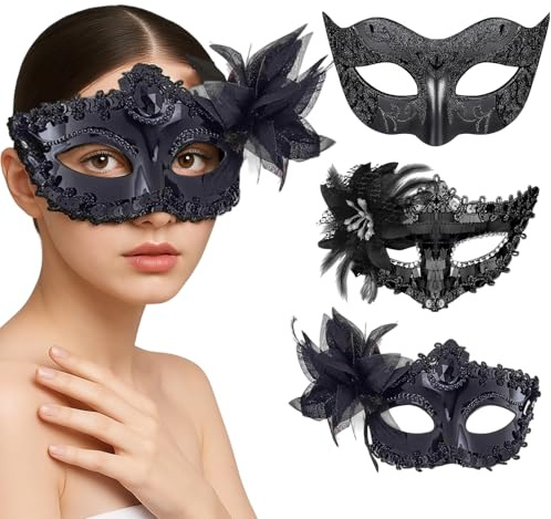 BrvDrn Halloween Kostüm, Venezianische Maske, 3 Schwarze Masken mit Pailletten und Federn für Damen Herren, Venezianische Masken Passend für Halloween Maskerade