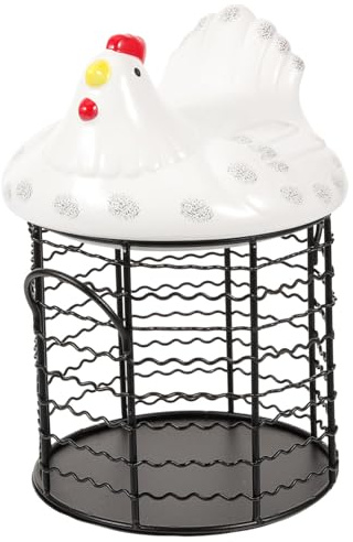 LIGIGWASH Chicken Egg Basket for Kitchen Storage with Ceramic and Iron Materials Featuring Convenient Egg Storage and Hen Shaped Lid Suitable for Home and Kitchen Use