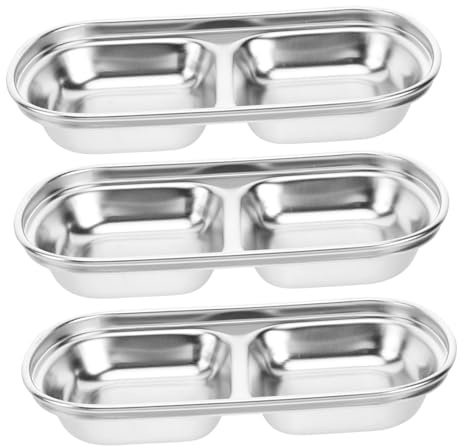 Cabilock Plato de Condimentos 3 Piezas Acero Inoxidable 2 Compartimentos | Salsas y Aperitivos, Uso en Cocina y Restaurante, Color Plata, Formato de 2 Compartimentos para Hogar y Local