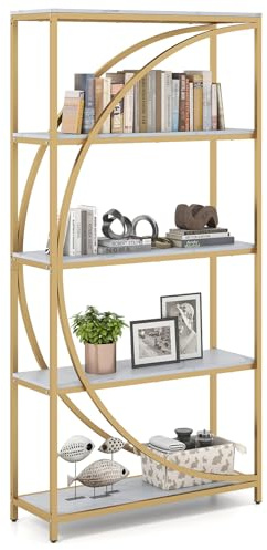 COSTWAY 5/6-Tier Bookshelf, Industrial Etagere Bookcase with Arc-Shaped Design and Open Shelves, Freestanding Metal Frame Tall Display Shelf Storage Organizer (White, 86 x 30 x 175 cm)