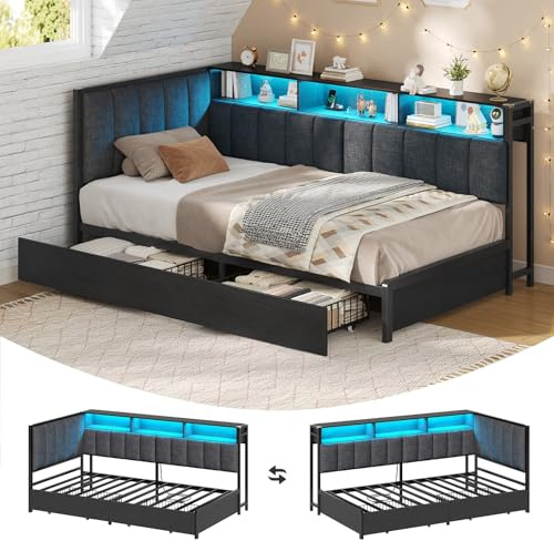 KIMENICH Polsterbett Schlafsofa 90x200 mit LED-Beleuchtung, Ladestation, Hohes Gepolstertes Kopfteil, Tagesbett, Jugendbett mit 2 Schubladen und Lattenrost aus Metall, Offene Regale, Grau
