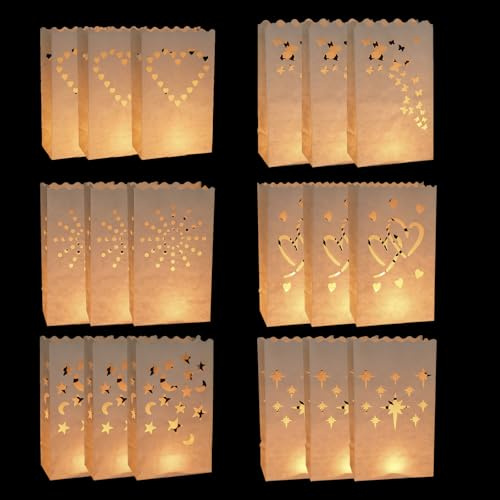 18 Lichttüten, flammenhemmende Kerzentüten mit 6 Motiven, Weiß | 26 × 15 × 9 cm; faltbar und leicht aufzustellen; mit Herz-, Stern-, Mond- und Schmetterlingsstanzung für Feiern