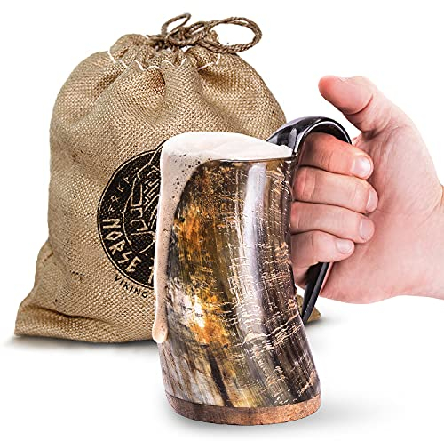 Norse Tradesman Original LG Viking Drinking Horn Mug - 100% Authentic Beer Horn Tankard with Natural Surface & Burlap Gift Sack | The Original, Unpolished, Approx. 1 Pint