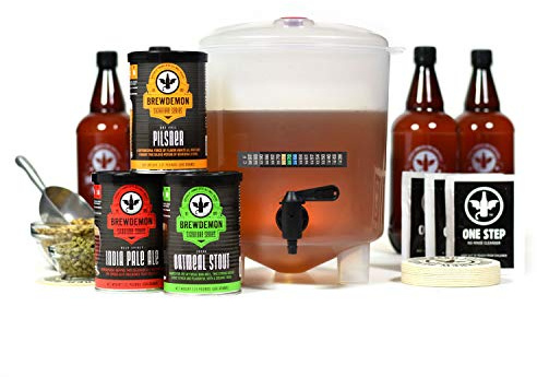BrewDemon Premium Beer Kit Bonus with Bottles - Conical Fermenter Eliminates Sediment and Makes Great Tasting Home Made Beer - 1 Gal. Pilsner, Stout, and IPA Recipes