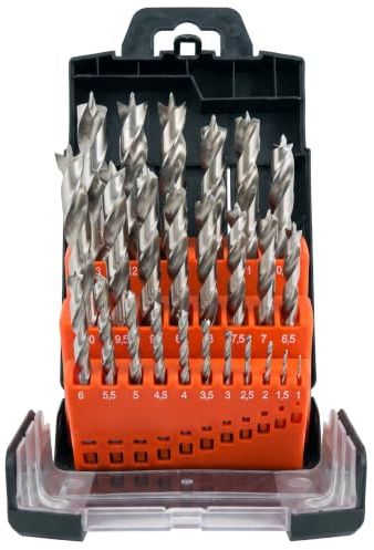 NEOTEC Holzbohrer-Set - 25-teilig, 1-13mm, 0,5mm steigend, für Holz, MDF, Spanplatte, Acryl, Schaft 10mm, Schwarz